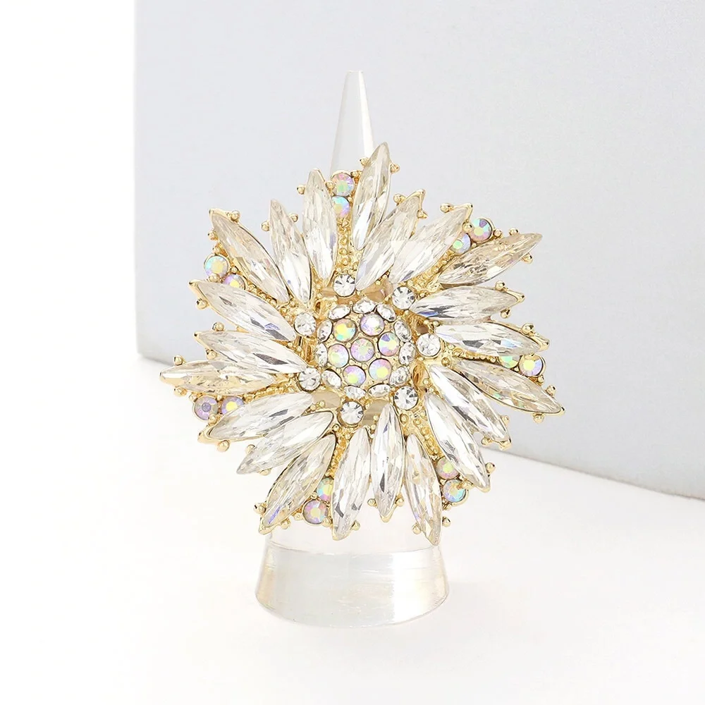 Gold Oval Glass Stone Flower Stretch Ring